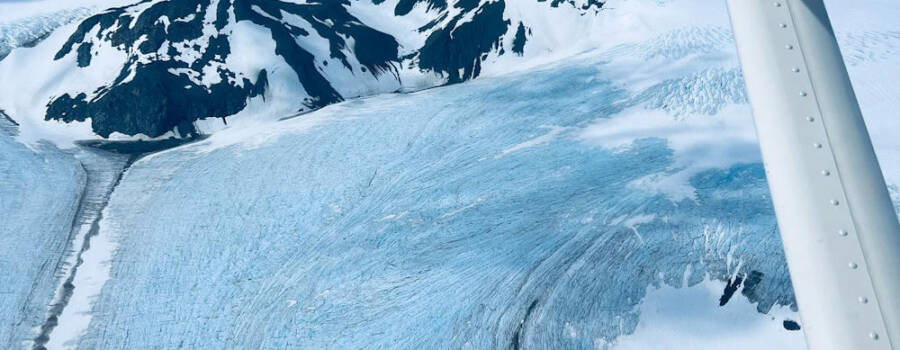 Aerial view of an Alaska glacier from a flightseeing tour near Homer